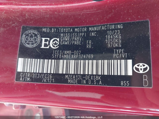 12573867 :رقم المزاد ، 5YFB4MBEXRP174769 vin ، 2024 Toyota Corolla Se/xse مزاد بيع