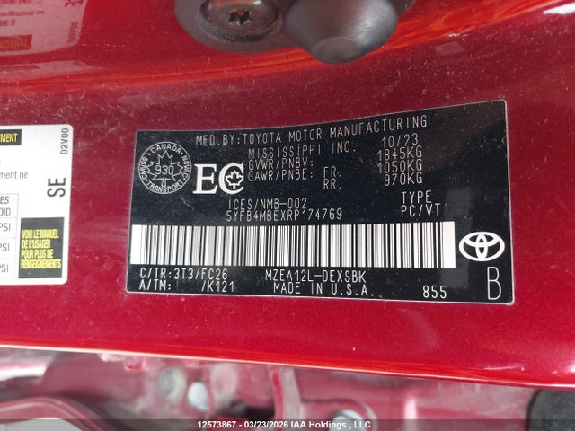 12573867 :رقم المزاد ، 5YFB4MBEXRP174769 vin ، 2024 Toyota Corolla Se/xse مزاد بيع