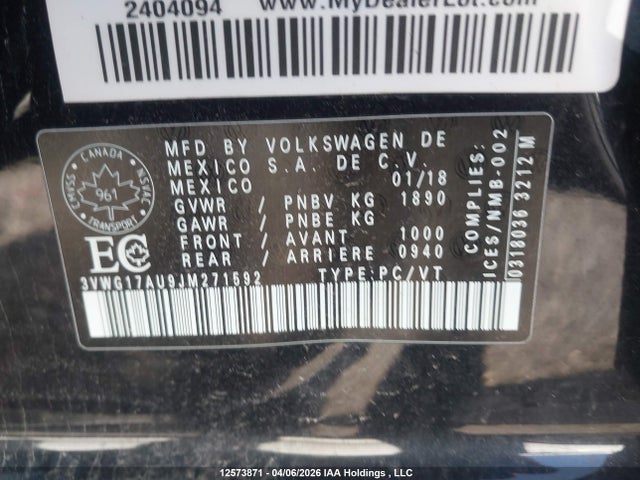 3VWG17AU9JM271592 Volkswagen Golf
