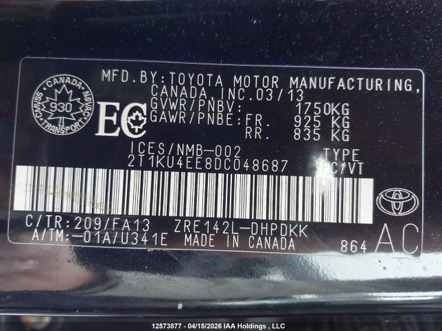 2013 Toyota Corolla Matrix მანქანა იყიდება აუქციონზე, vin: 2T1KU4EE8DC048687, აუქციონის ნომერი: 12573877