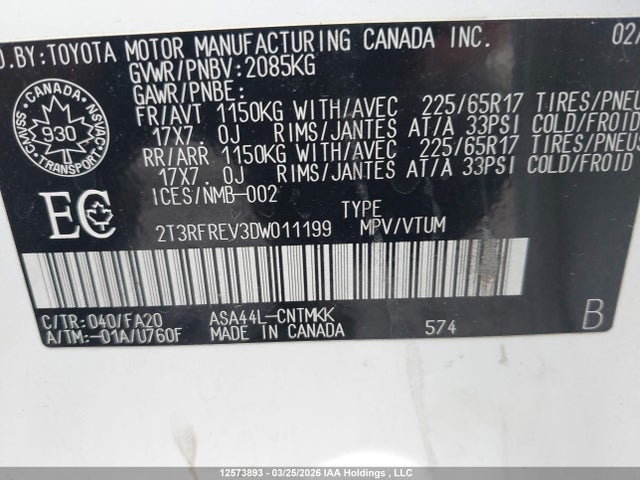 12573893 :رقم المزاد ، 2T3RFREV3DW011199 vin ، 2013 Toyota Rav4 Xle مزاد بيع