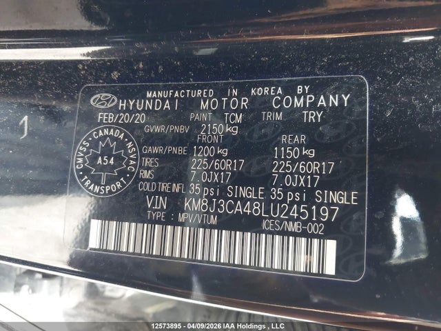 2020 Hyundai Tucson Preferred Awd მანქანა იყიდება აუქციონზე, vin: KM8J3CA48LU245197, აუქციონის ნომერი: 12573895