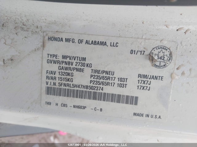 5FNRL5H47HB502374 Honda ODYSSEY EX