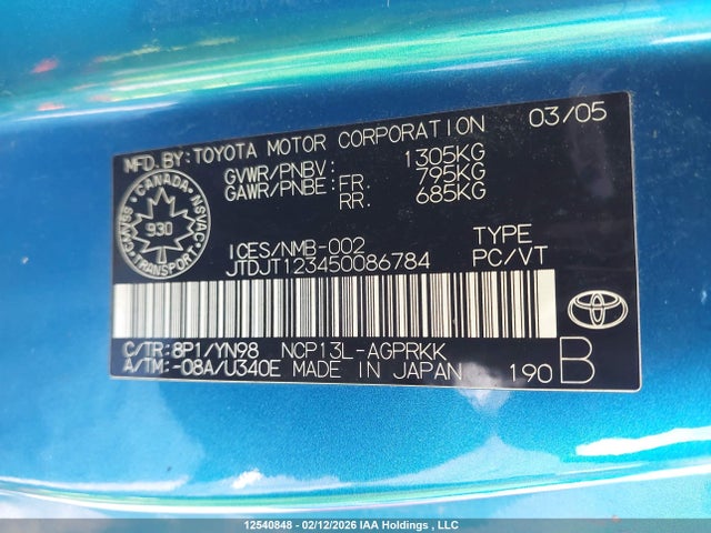 Продажа на аукционе авто 2005 Toyota Echo Ce, vin: JTDJT123450086784, номер лота: 12540848