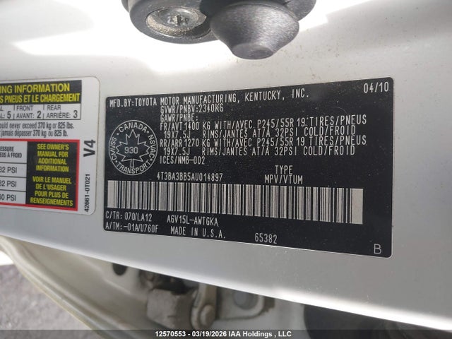 Aukcja sprzedaży 2010 Toyota Venza, vin: 4T3BA3BB5AU014897, numer aukcji: 12570553