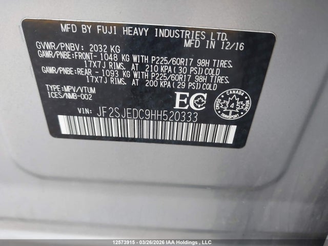 Aukcja sprzedaży 2017 Subaru Forester 2.5i Premium, vin: JF2SJEDC9HH520333, numer aukcji: 12573915