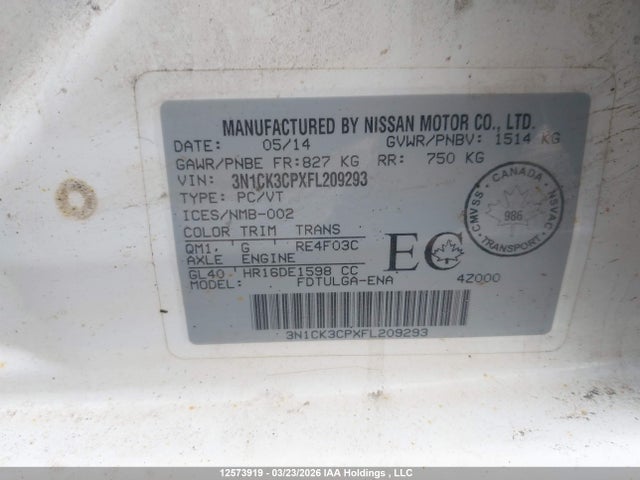 Aukcja sprzedaży 2015 Nissan Micra, vin: 3N1CK3CPXFL209293, numer aukcji: 12573919