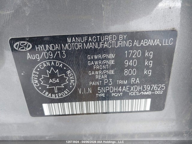 Aukcja sprzedaży 2013 Hyundai Elantra Gl, vin: 5NPDH4AEXDH397625, numer aukcji: 12573924