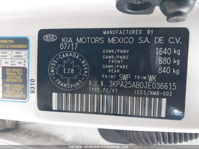12573926 :رقم المزاد ، 3KPA25AB0JE036615 vin ، 2018 Kia Rio Lx/lx+ مزاد بيع