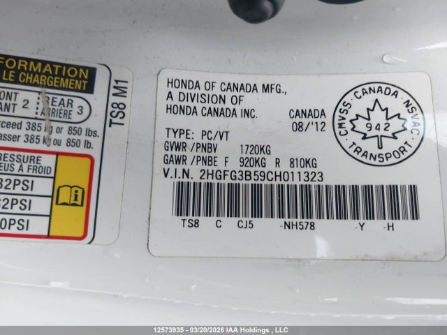 12573935 :رقم المزاد ، 2HGFG3B59CH011323 vin ، 2012 Honda Civic Lx مزاد بيع