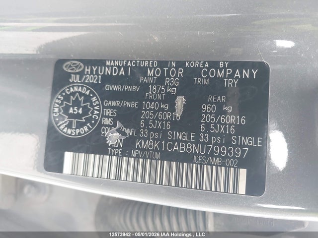 2022 Hyundai Kona Se მანქანა იყიდება აუქციონზე, vin: KM8K1CAB8NU799397, აუქციონის ნომერი: 12573942