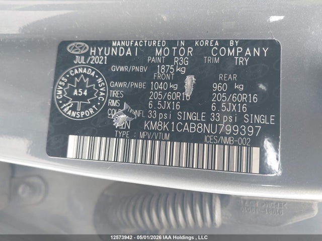 2022 Hyundai Kona Se მანქანა იყიდება აუქციონზე, vin: KM8K1CAB8NU799397, აუქციონის ნომერი: 12573942