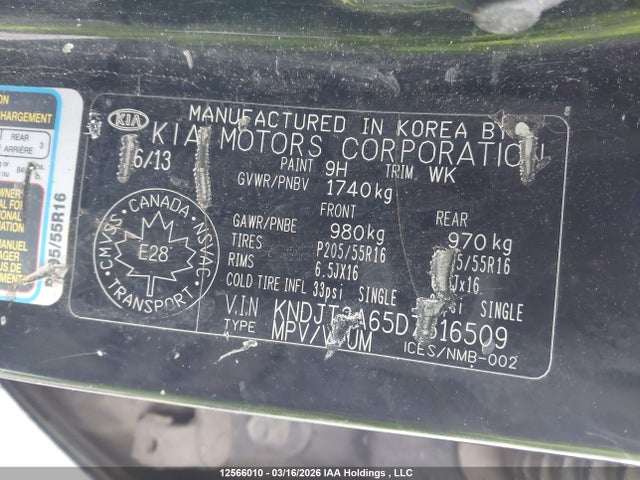 12566010 :رقم المزاد ، KNDJT2A65D7616509 vin ، 2013 Kia Soul 2.0l 2u/2.0l 4u/2.0l 4u Burner/2.0l 4u Luxury/2.0l 4u Retro مزاد بيع