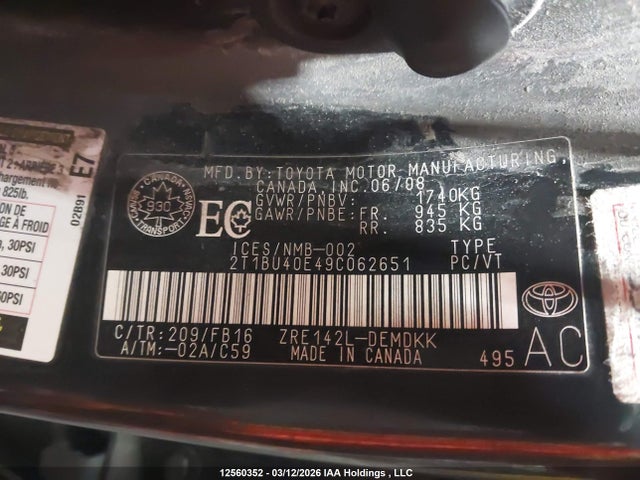 12560352 :رقم المزاد ، 2T1BU40E49C062651 vin ، 2009 Toyota Corolla Ce مزاد بيع