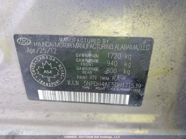 Aukcja sprzedaży 2013 Hyundai Elantra Gl, vin: 5NPDH4AE5DH171539, numer aukcji: 12568635