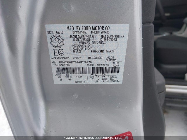 Продаж на аукціоні авто 2010 Ford Escape Xlt Automatic/xlt Manual, vin: 1FMCU0D70AKD29470, номер лоту: 12564387