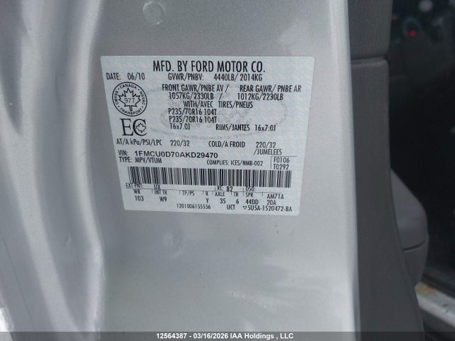 Продаж на аукціоні авто 2010 Ford Escape Xlt Automatic/xlt Manual, vin: 1FMCU0D70AKD29470, номер лоту: 12564387