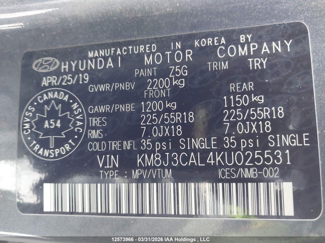 KM8J3CAL4KU025531 Hyundai Tucson Limited/sel/sport/ultimate/value/night