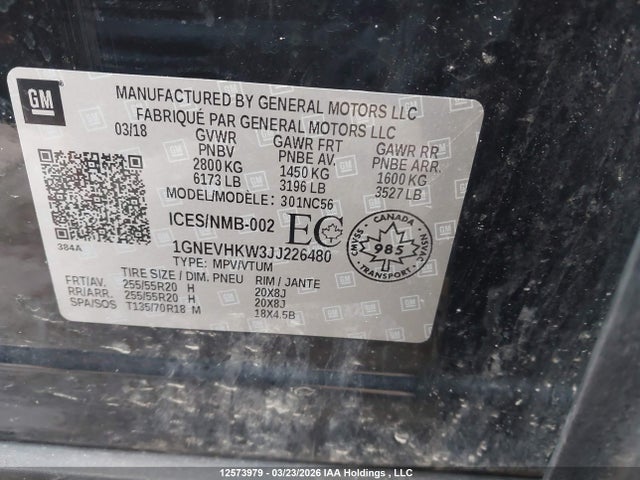 1GNEVHKW3JJ226480 Chevrolet Traverse Lt
