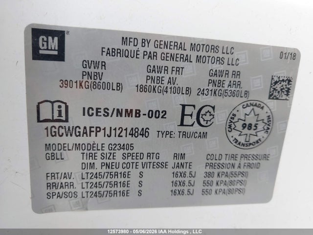 1GCWGAFP1J1214846 Chevrolet Express 2500 Work Van