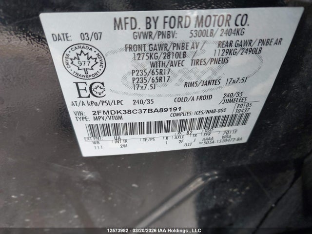 12573982 :رقم المزاد ، 2FMDK38C37BA89191 vin ، 2007 Ford Edge Sel مزاد بيع