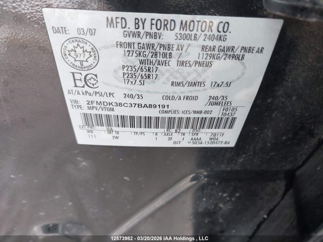 12573982 :رقم المزاد ، 2FMDK38C37BA89191 vin ، 2007 Ford Edge Sel مزاد بيع