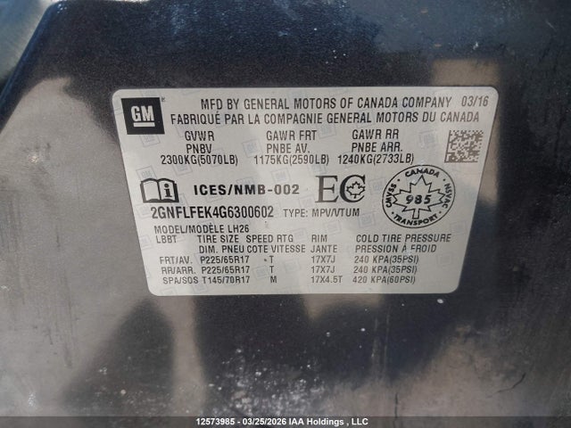 12573985 :رقم المزاد ، 2GNFLFEK4G6300602 vin ، 2016 Chevrolet Equinox 1lt مزاد بيع