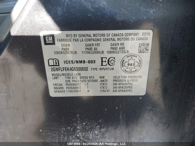 12573985 :رقم المزاد ، 2GNFLFEK4G6300602 vin ، 2016 Chevrolet Equinox 1lt مزاد بيع