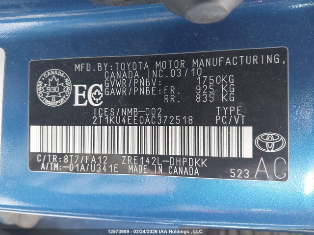 12573989 :رقم المزاد ، 2T1KU4EE0AC372518 vin ، 2010 Toyota Matrix مزاد بيع
