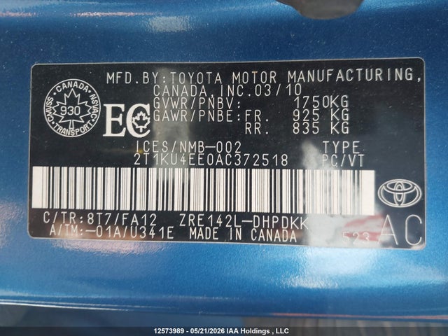 12573989 :رقم المزاد ، 2T1KU4EE0AC372518 vin ، 2010 Toyota Matrix مزاد بيع