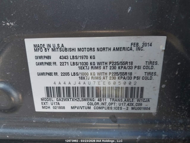 Aukcja sprzedaży 2014 Mitsubishi Rvr Gt, vin: 4A4AJ4AU7EE605002, numer aukcji: 12573992