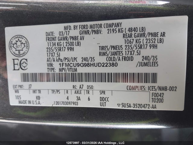 1FMCU9G98HUD22380 Ford ESCAPE SE