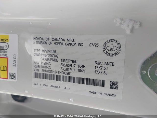 2HKRS3H24TH000261 Honda CR-V LX