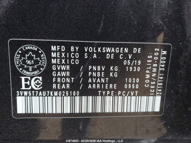 3VW5T7AU7KM025160 Volkswagen Golf Gti 5-door/5-door Autobahn/5-door Rabbit