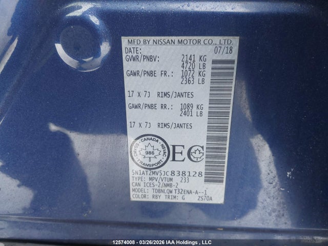 5N1AT2MV5JC838128 Nissan Rogue Sv/sl