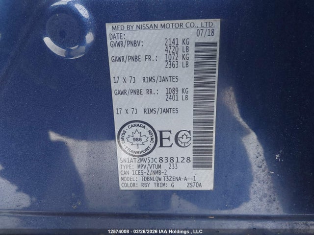 5N1AT2MV5JC838128 Nissan Rogue Sv/sl