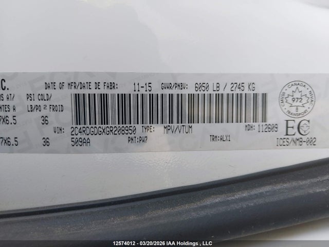 Aukcja sprzedaży 2016 Dodge Grand Caravan Crew, vin: 2C4RDGDGXGR208950, numer aukcji: 12574012