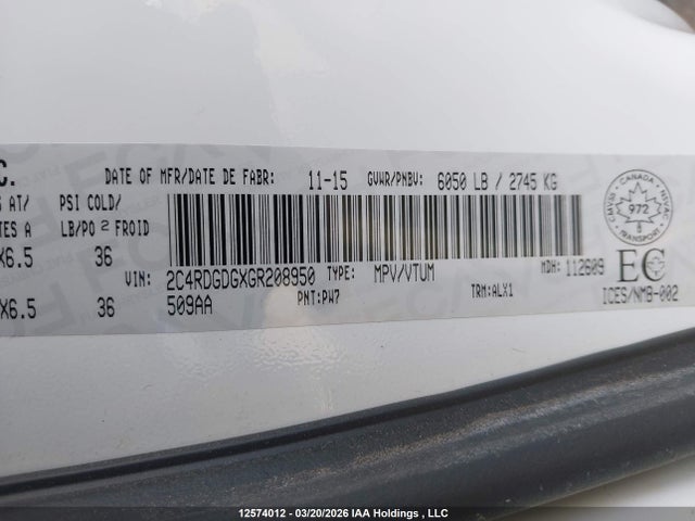 Aukcja sprzedaży 2016 Dodge Grand Caravan Crew, vin: 2C4RDGDGXGR208950, numer aukcji: 12574012