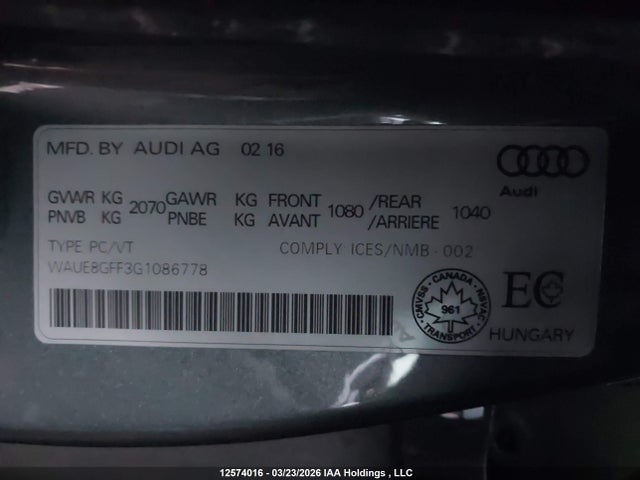 Aukcja sprzedaży 2016 Audi A3 Premium Plus, vin: WAUE8GFF3G1086778, numer aukcji: 12574016