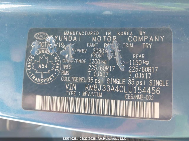 2020 Hyundai Tucson Limited/sel/sport/ultimate/value მანქანა იყიდება აუქციონზე, vin: KM8J33A40LU154456, აუქციონის ნომერი: 12574028
