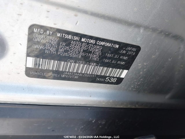 Aukcja sprzedaży 2020 Mitsubishi Eclipse Cross Es, vin: JA4AT3AA8LZ600151, numer aukcji: 12574032