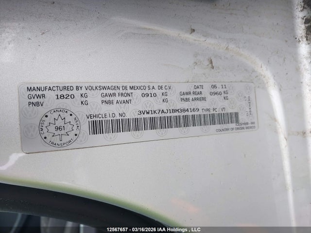 Aukcja sprzedaży 2011 Volkswagen Jetta 2.0l Trendline/2.0l Trendline+, vin: 3VW1K7AJ1BM384169, numer aukcji: 12567657