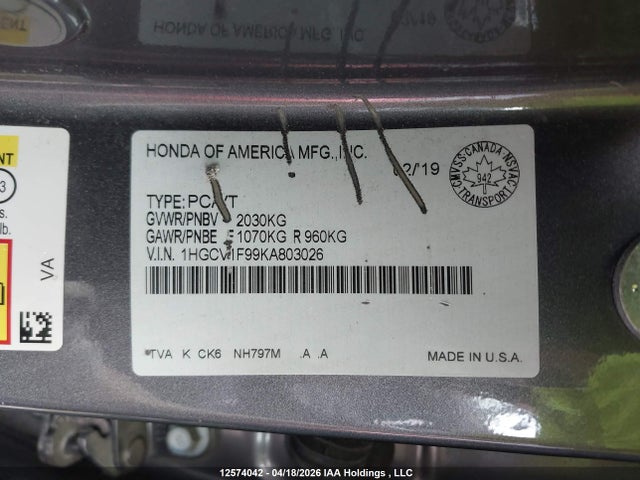 1HGCV1F99KA803026 Honda Accord Touring