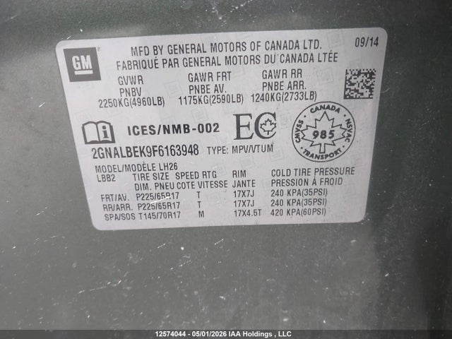 12574044 :رقم المزاد ، 2GNALBEK9F6163948 vin ، 2015 Chevrolet Equinox Lt مزاد بيع