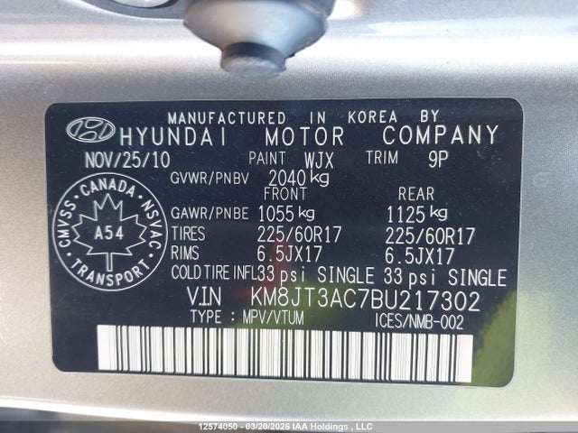 2011 Hyundai Tucson Gl მანქანა იყიდება აუქციონზე, vin: KM8JT3AC7BU217302, აუქციონის ნომერი: 12574050