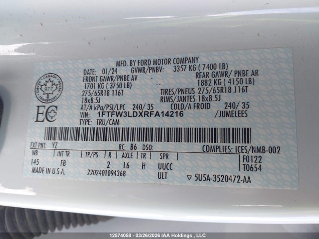 Продаж на аукціоні авто 2024 Ford F150 Xlt, vin: 1FTFW3LDXRFA14216, номер лоту: 12574058