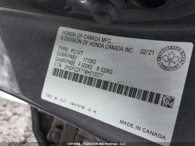 Продажа на аукционе авто 2021 Honda Civic Ex, vin: 2HGFC2F71MH010377, номер лота: 12574066