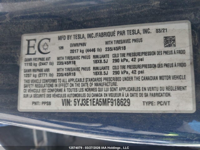 Tesla Model 3 Standard Range/standard Range Plus 2021 5YJ3E1EA5MF918629 Image 9