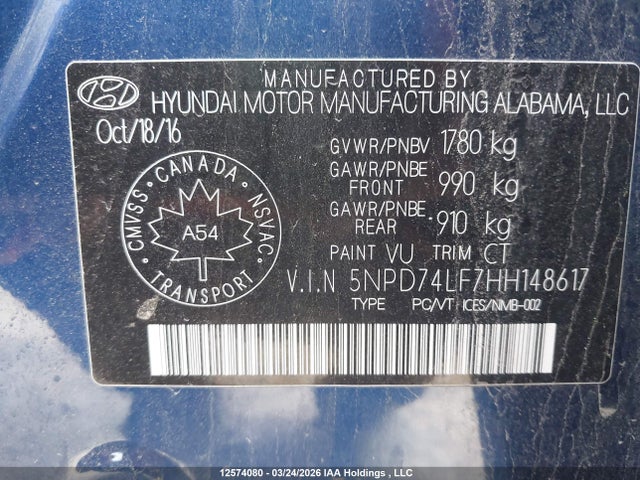 2017 Hyundai Elantra Se მანქანა იყიდება აუქციონზე, vin: 5NPD74LF7HH148617, აუქციონის ნომერი: 12574080