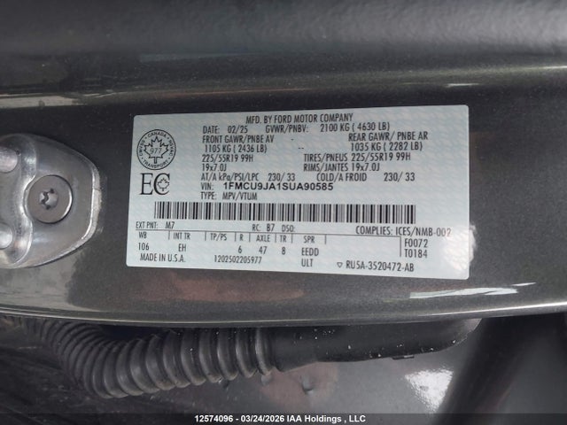 12574096 :رقم المزاد ، 1FMCU9JA1SUA90585 vin ، 2025 Ford Escape Platinum مزاد بيع